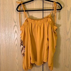 Women’s Off The Should Mustard Embroidered Top